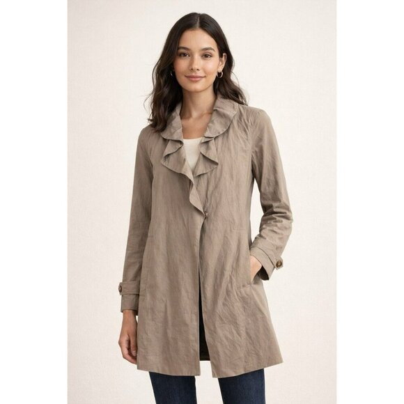 LOFT Jackets & Blazers - LOFT Taupe Ruffle Collar Trench Coat Lightweight Chic Jacket Womens L